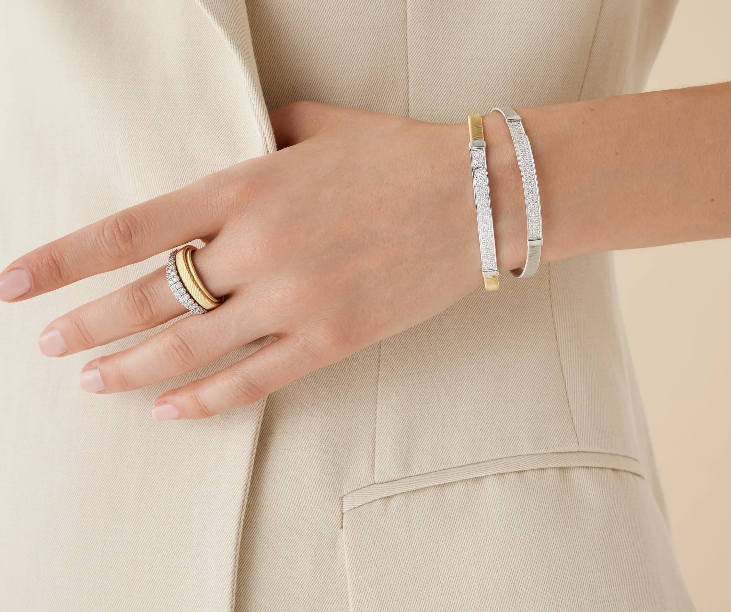 Bracelets-Marco Bicego 18K White Gold Coil and Diamond Pavé Bangle Bracelet, Thin Whitegold