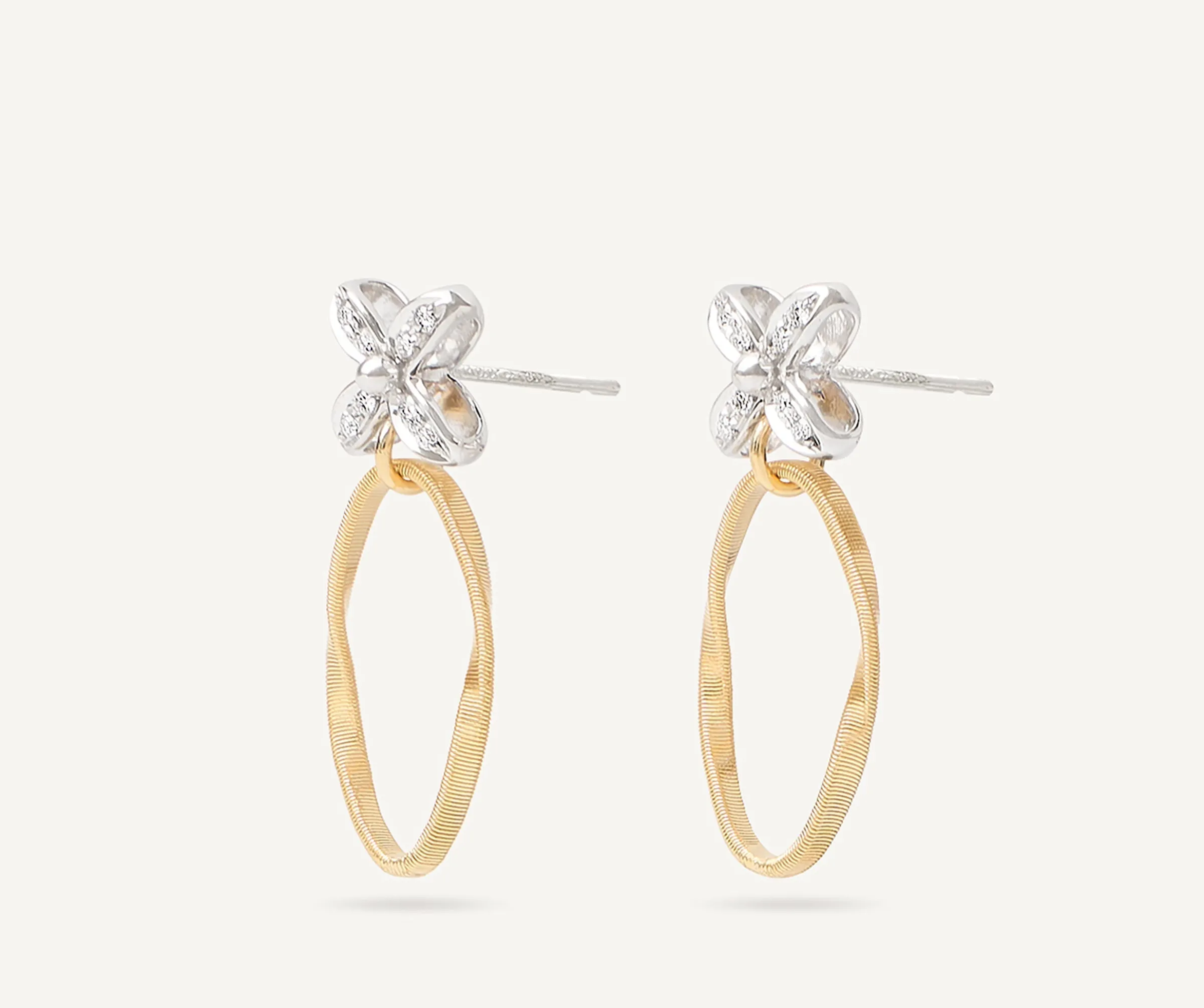 Earrings-Marco Bicego 18K Yellow Gold and Diamond Drop Earrings with Floral Diamonds Yellowgold