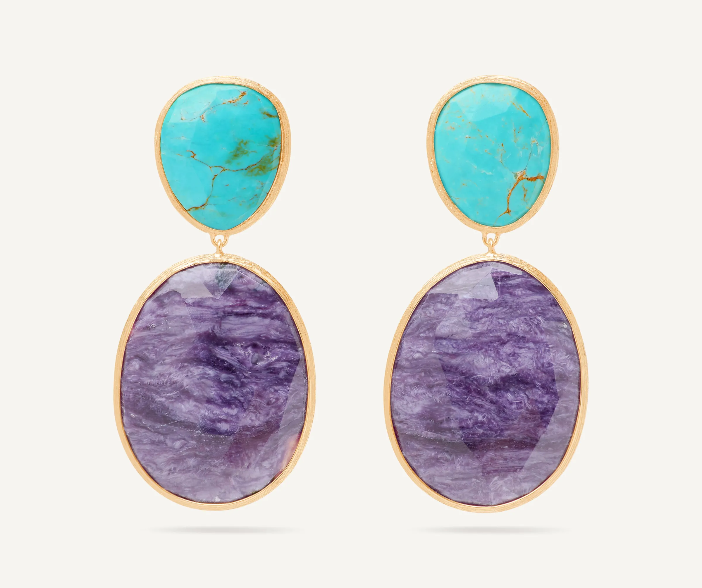 Earrings-Marco Bicego 18K Yellow Gold Double Drop Earrings with Turquoise and Charoite Yellowgold