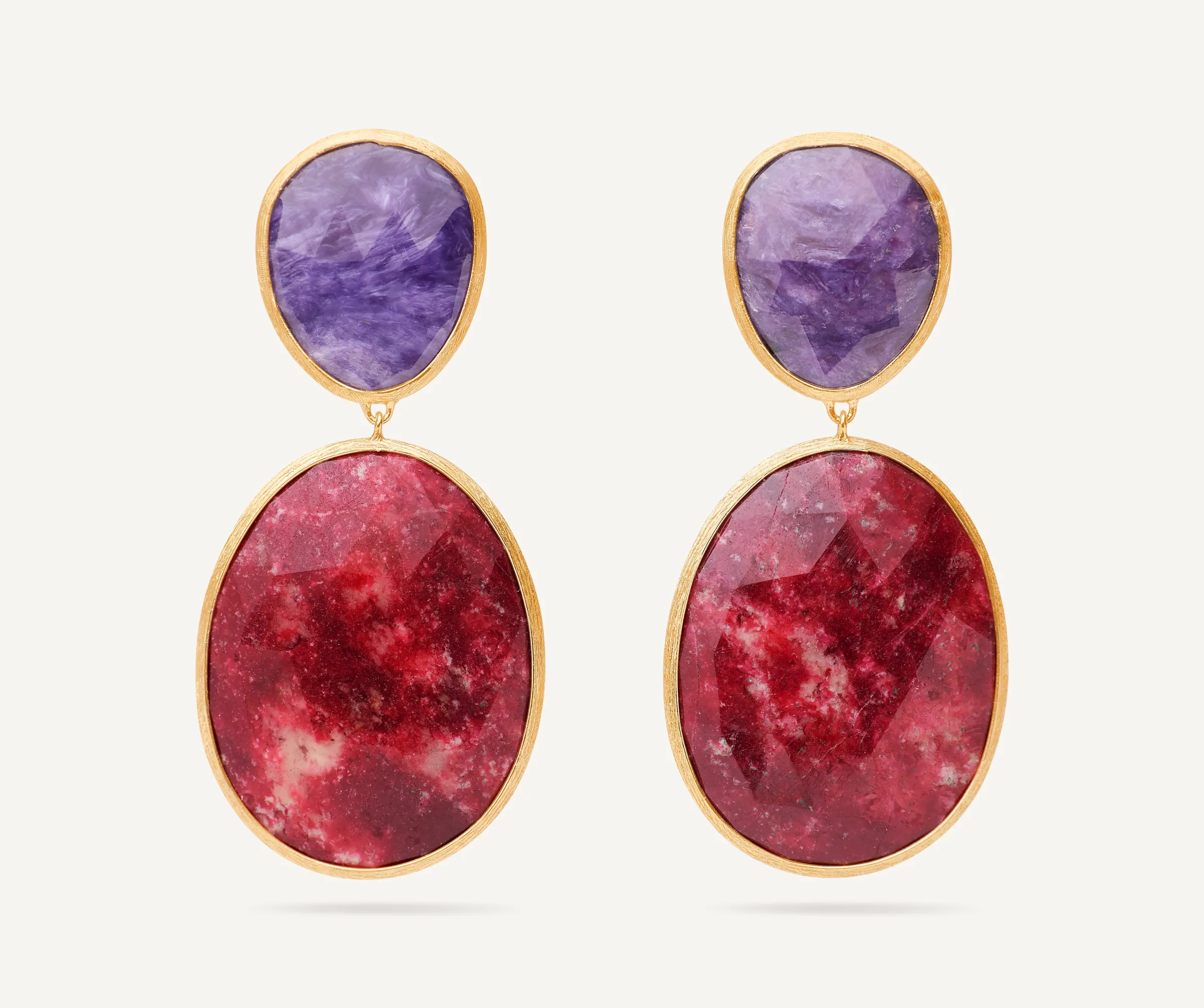 Earrings-Marco Bicego 18K Yellow Gold Double Drop Earrings with Charoite and Thulite Yellowgold