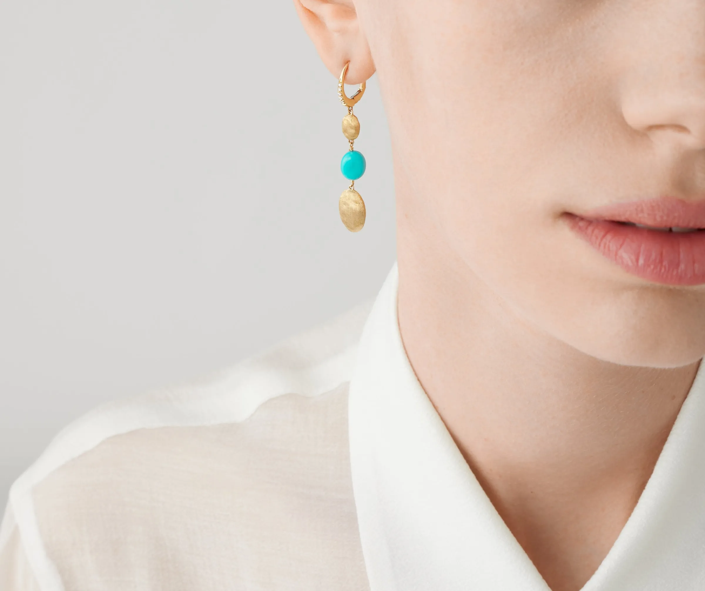 Earrings-Marco Bicego 18K Yellow Gold Drop Earrings with Turquoise and Diamond Clip Yellowgold