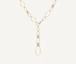 Necklaces-Marco Bicego 18K Yellow Gold Flat Link Lariat with Diamond Flowers Yellowgold