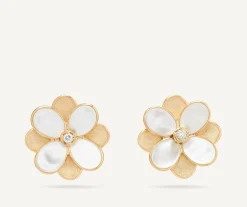 Earrings-Marco Bicego 18K Yellow Gold Flower Stud Earrings with Mother of Pearl and Diamonds Yellowgold