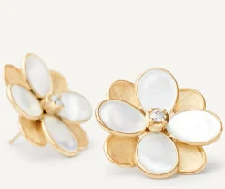 Earrings-Marco Bicego 18K Yellow Gold Flower Stud Earrings with Mother of Pearl and Diamonds Yellowgold