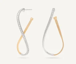 Earrings-Marco Bicego 18K Yellow Gold Twisted Irregular Medium Hoops with Diamond Pavé Yellowandwhitegold