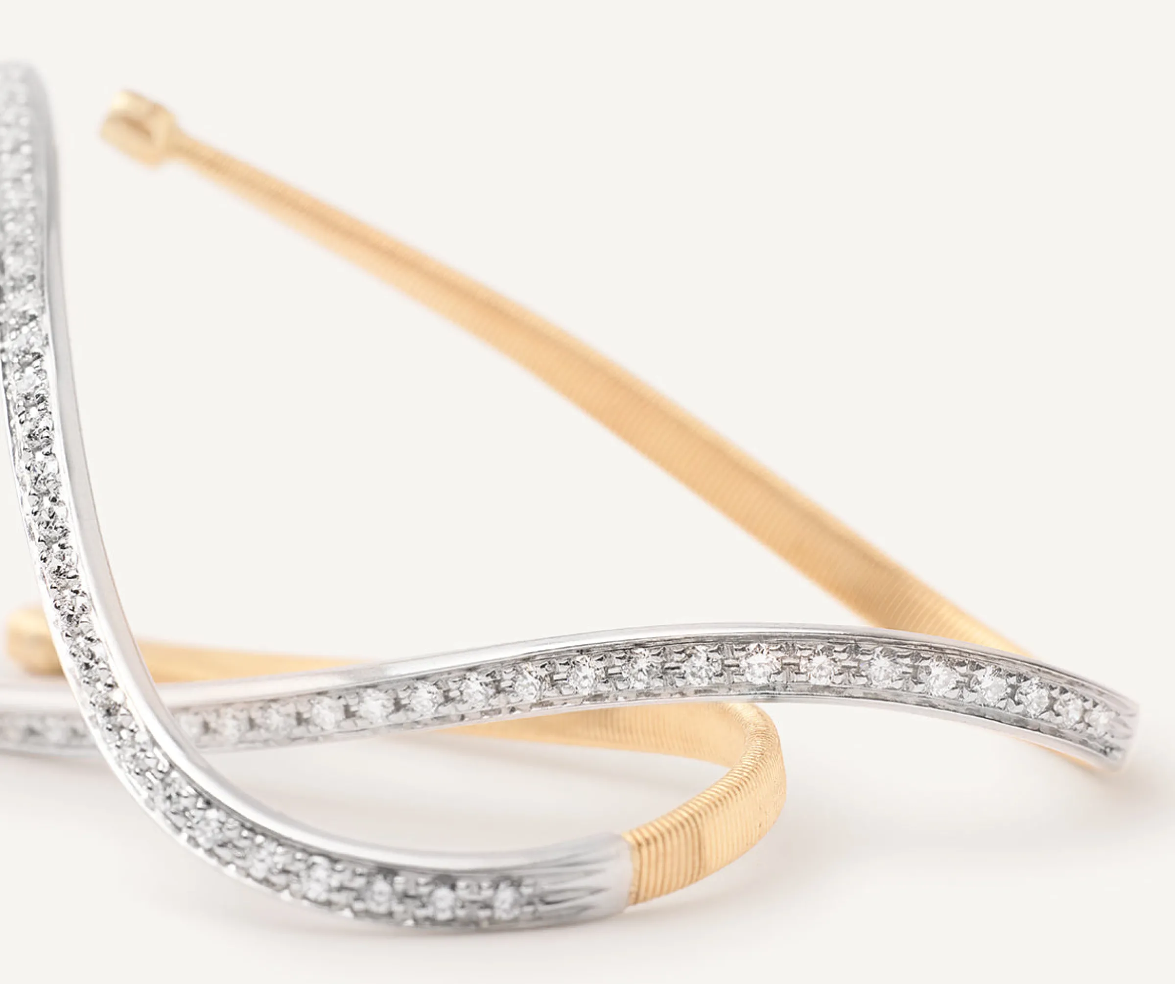 Earrings-Marco Bicego 18K Yellow Gold Twisted Irregular Medium Hoops with Diamond Pavé Yellowandwhitegold